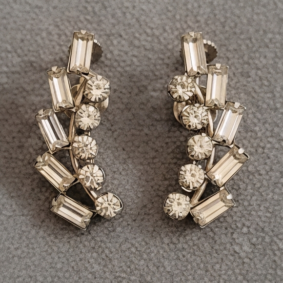 Vintage Sterling Silver Rhinestone Screw Back Earrings 1980s